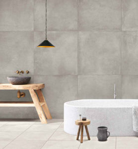 Moderne badkamer met betonlook tegels 60x60 en 90x90cm.